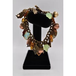 Sweet Romance Vintage Autumn Fall Charm Bracelet Leaf Leaves Acorns Signed BinBR